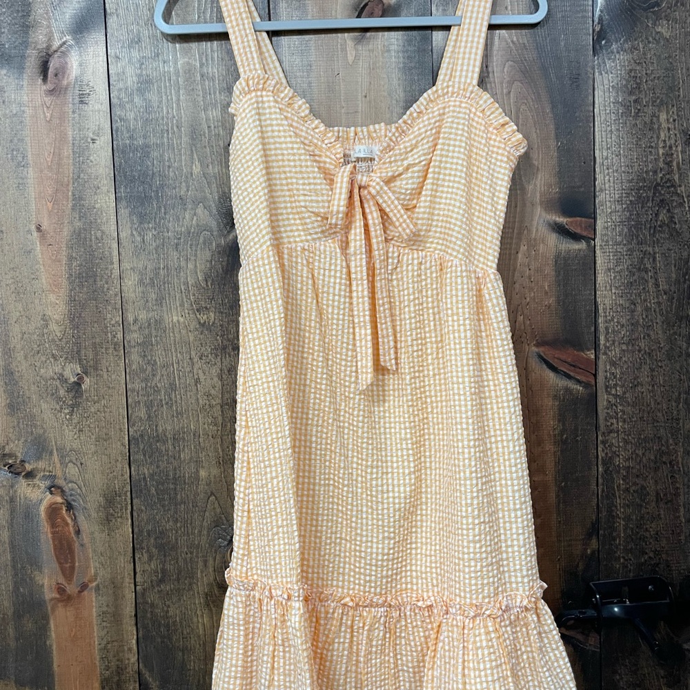 Orange Checkered Sweetheart Neck Front Tie Maternity Dress